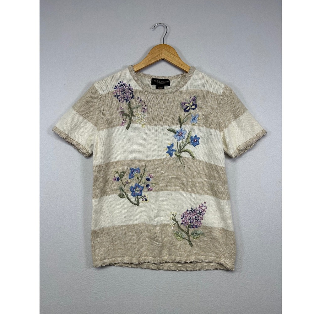 Cottagecore Salon Studio Haband Womens S Cream Tan Striped Floral Knit Sweater